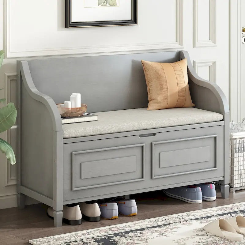 Rustic Style Solid Wood Entryway Multifunctional Storage Bench with Safety Hinge