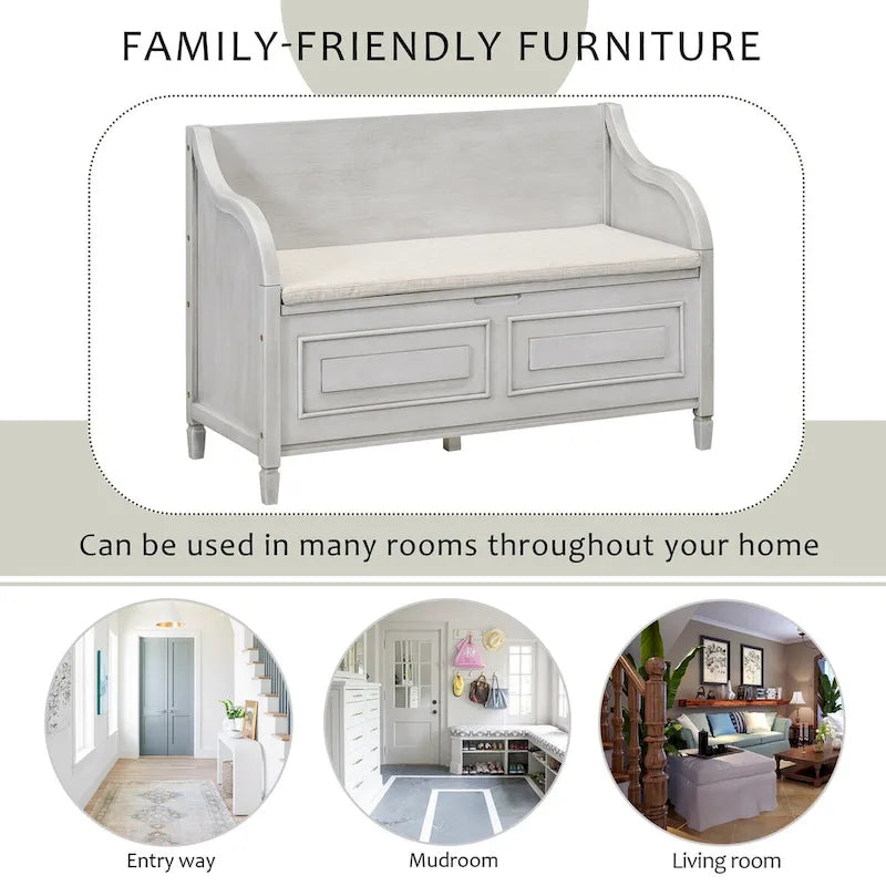 Rustic Style Solid Wood Entryway Multifunctional Storage Bench with Safety Hinge