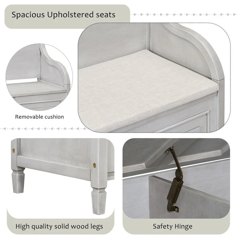 Rustic Style Solid Wood Entryway Multifunctional Storage Bench with Safety Hinge