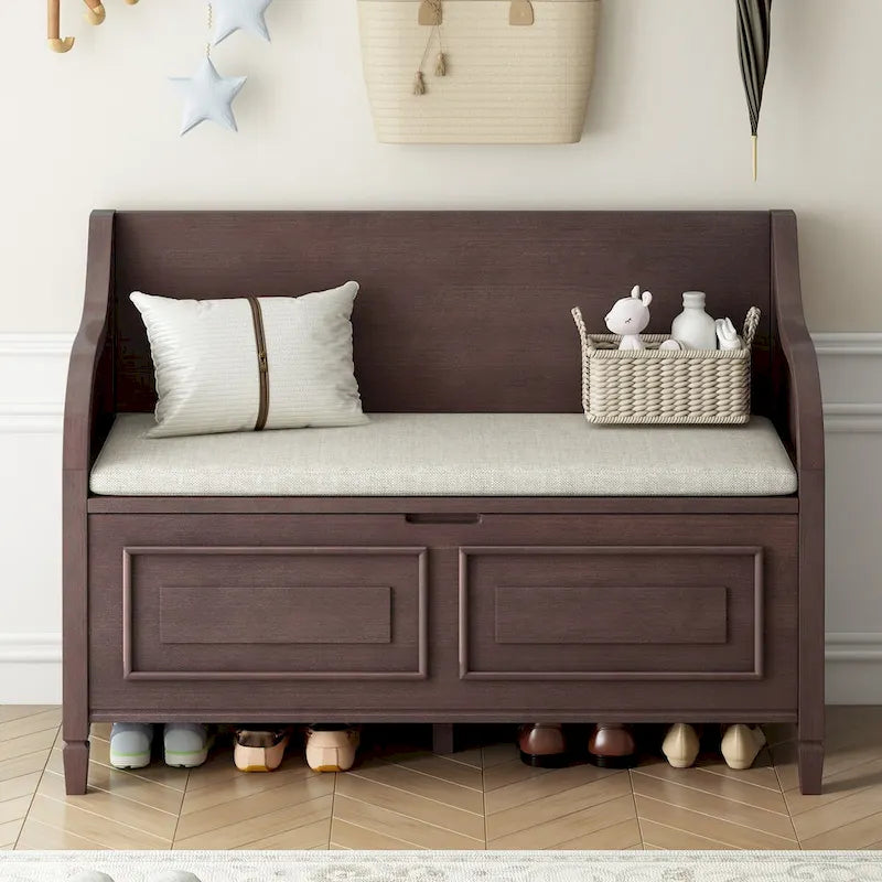 Rustic Style Solid Wood Entryway Multifunctional Storage Bench with Safety Hinge