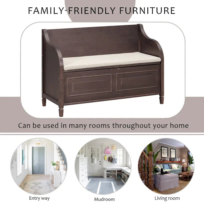 Rustic Style Solid Wood Entryway Multifunctional Storage Bench with Safety Hinge