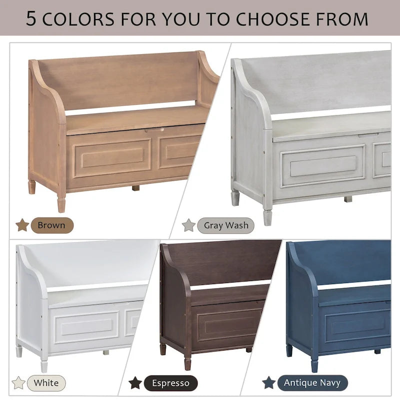 Rustic Style Solid Wood Entryway Multifunctional Storage Bench with Safety Hinge