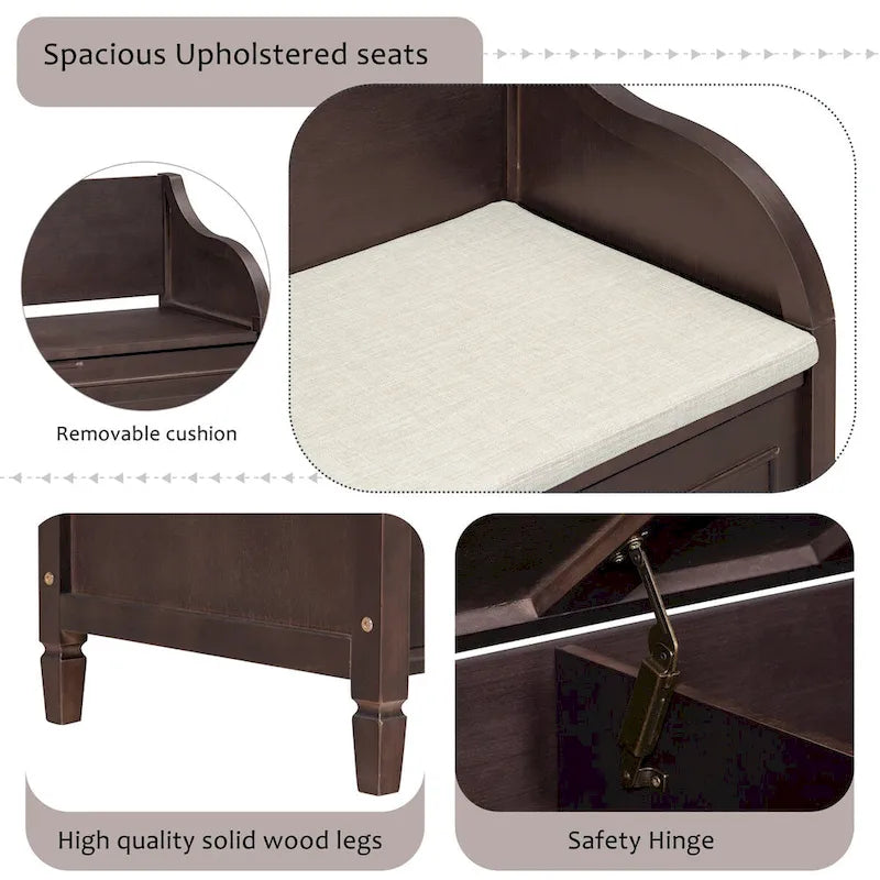 Rustic Style Solid Wood Entryway Multifunctional Storage Bench with Safety Hinge