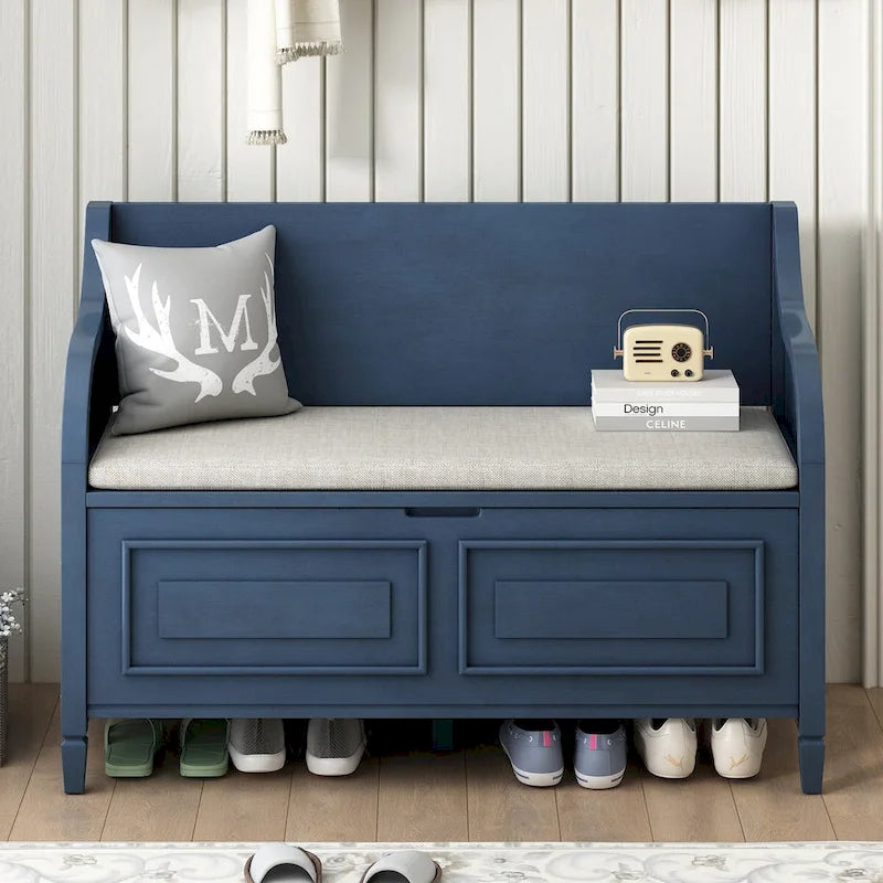 Rustic Style Solid Wood Entryway Multifunctional Storage Bench with Safety Hinge