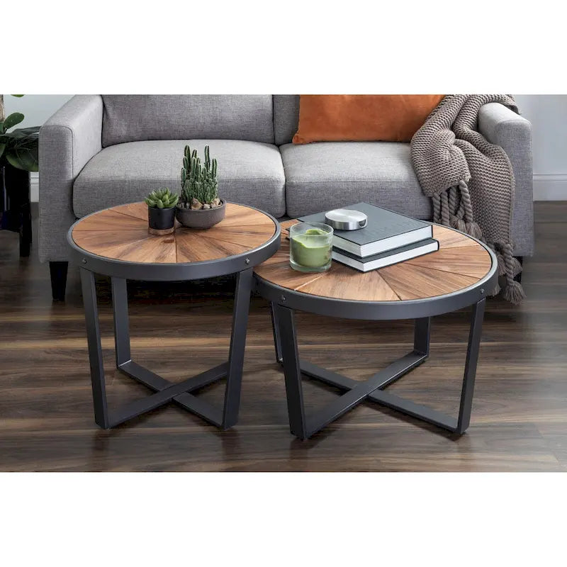 Round Coffee Table with Starburst Wood Top & Black Metal Legs - 24x24x15.5