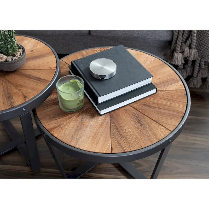 Round Coffee Table with Starburst Wood Top & Black Metal Legs - 24x24x15.5
