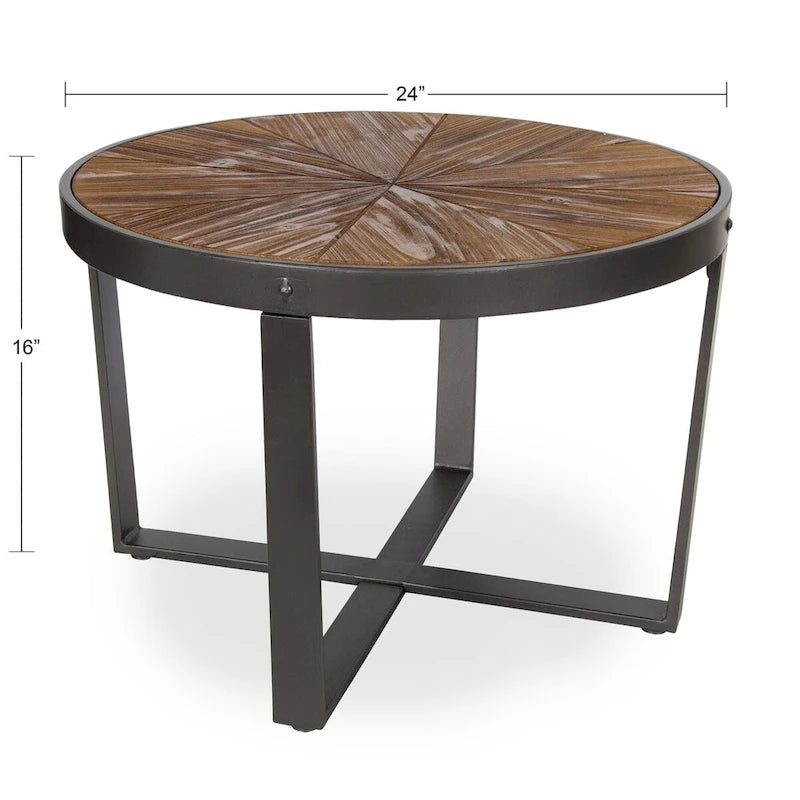 Round Coffee Table with Starburst Wood Top & Black Metal Legs - 24x24x15.5