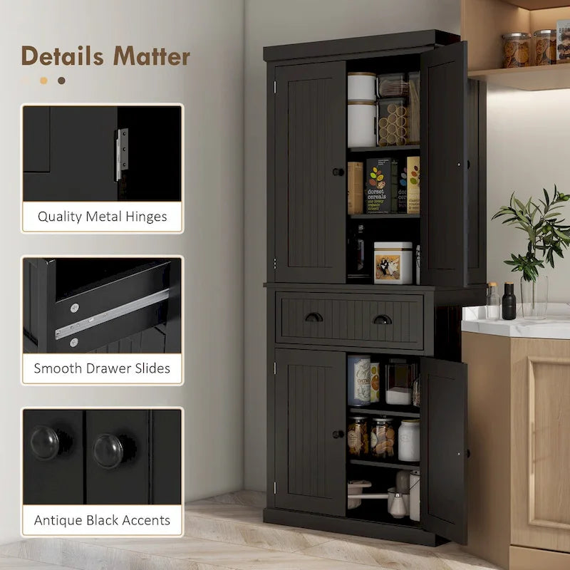 72 Kitchen Pantry, Tall Storage Cabinet, Freestanding Cupboard with Drawer, Doors and Adjustable Shelves