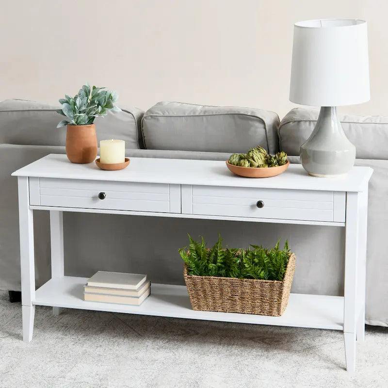 White Wood-Top Console Table with 2 Drawers & Lower Shelf