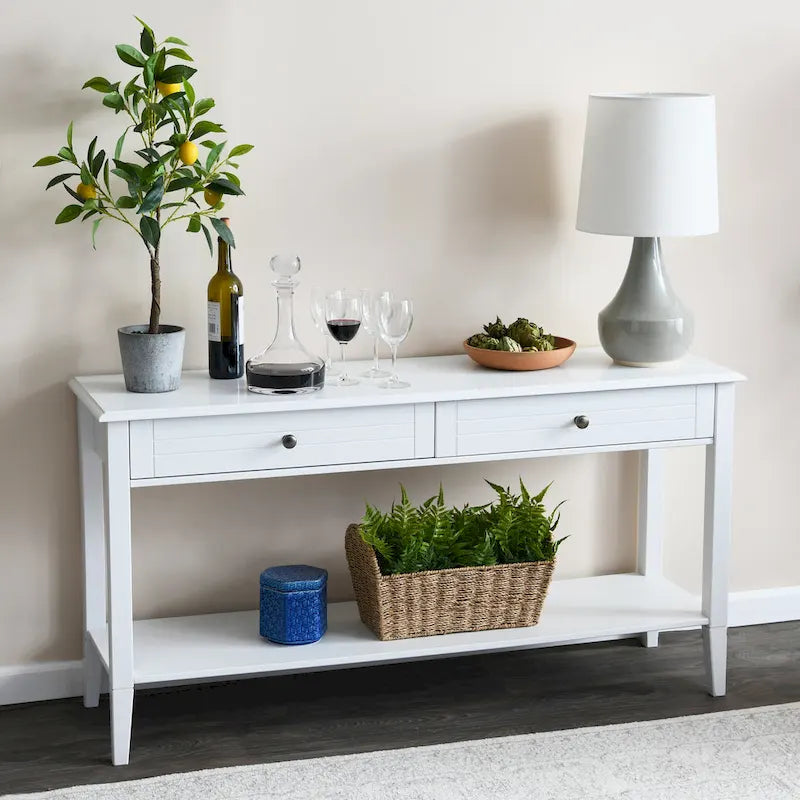 White Wood-Top Console Table with 2 Drawers & Lower Shelf