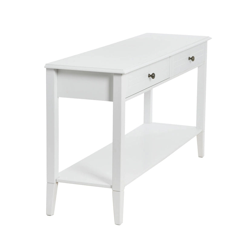 White Wood-Top Console Table with 2 Drawers & Lower Shelf