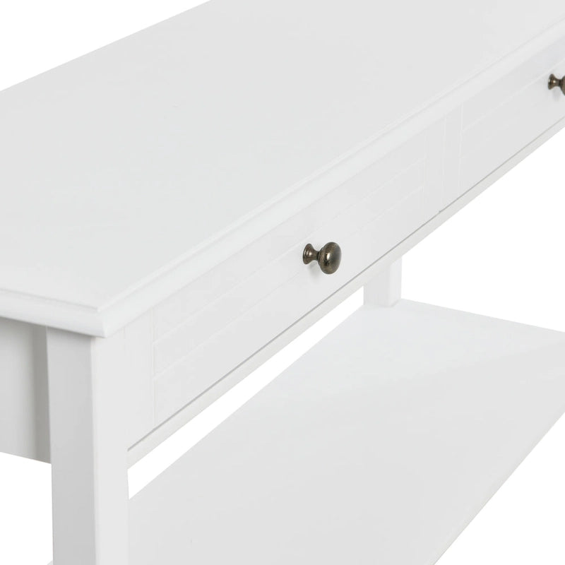 White Wood-Top Console Table with 2 Drawers & Lower Shelf