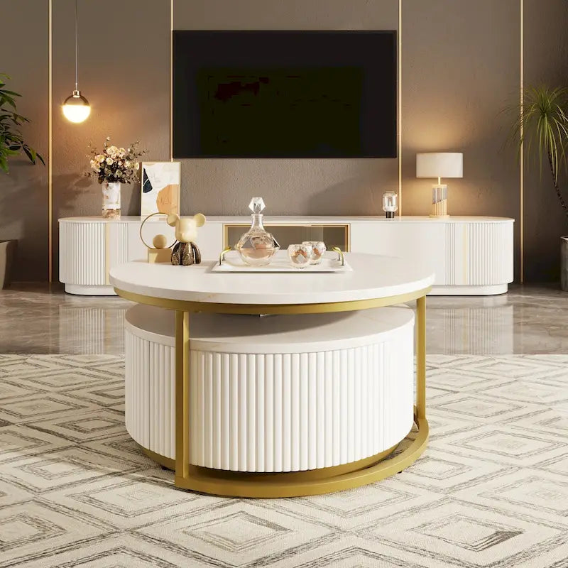 Modern Round Nesting Coffee Table Fluted with Drawer