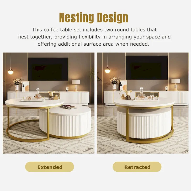Modern Round Nesting Coffee Table Fluted with Drawer