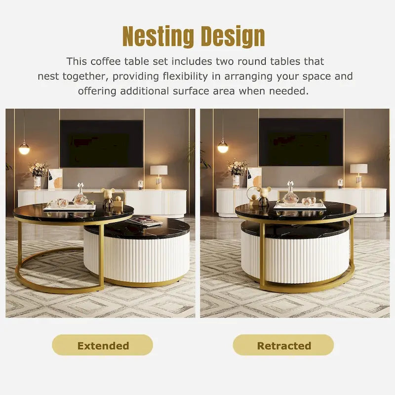 Modern Round Nesting Coffee Table Fluted with Drawer