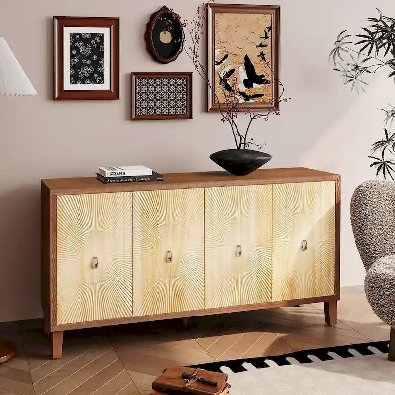 60 Vintage 4 Door Carved Pattern Buffet/Sideboard