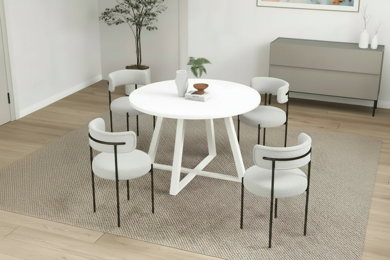5-Piece Round Dining Set, Trestle Dining Table with 4 Boucle Chairs