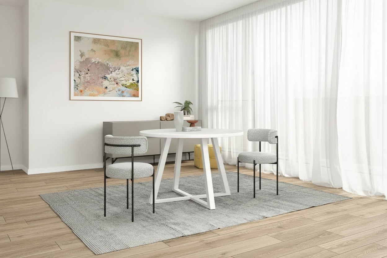 5-Piece Round Dining Set, Trestle Dining Table with 4 Boucle Chairs