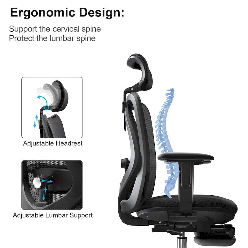 Ergonomic Mesh High-Back Office Chair with Footrest & Lumbar Support - Black