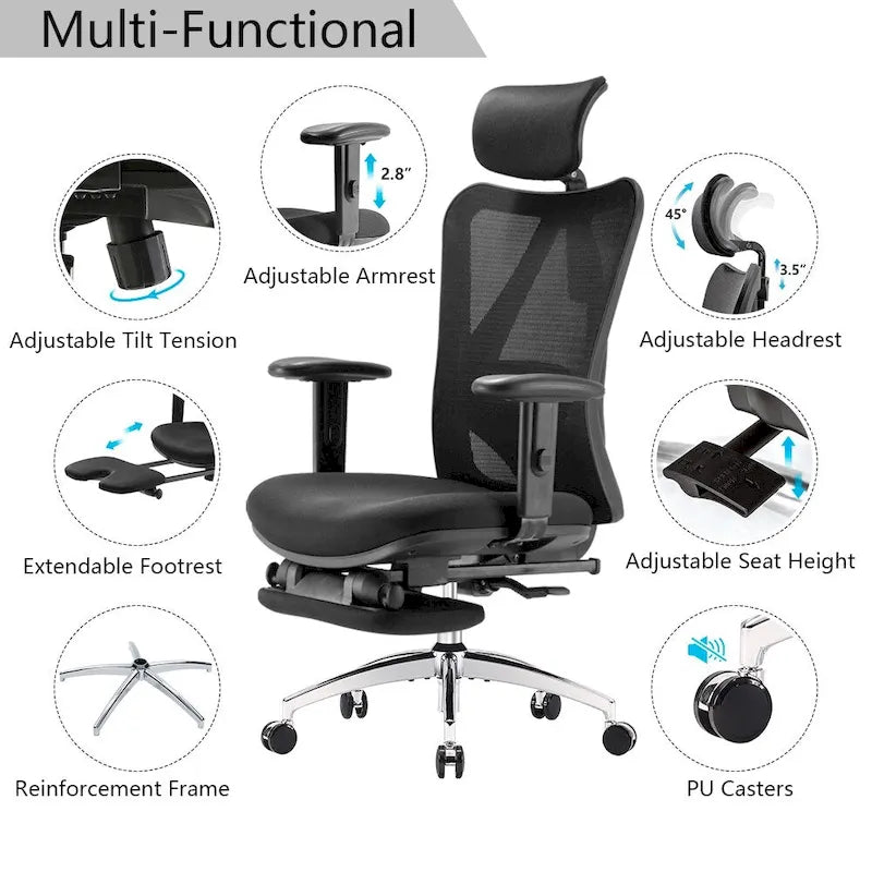 Ergonomic Mesh High-Back Office Chair with Footrest & Lumbar Support - Black