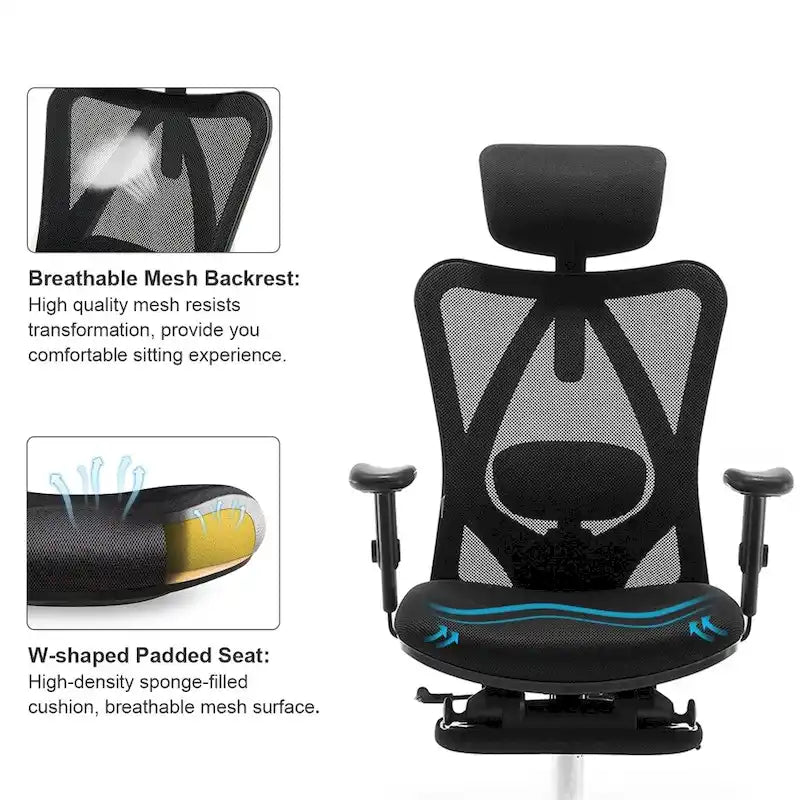 Ergonomic Mesh High-Back Office Chair with Footrest & Lumbar Support - Black