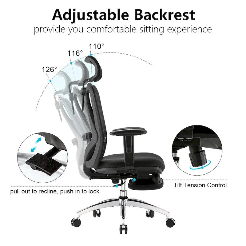 Ergonomic Mesh High-Back Office Chair with Footrest & Lumbar Support - Black