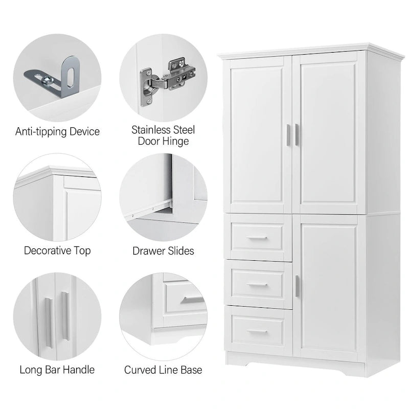 32 in. W x 72 in. H Storage Cabinet with Doors and Three Drawers