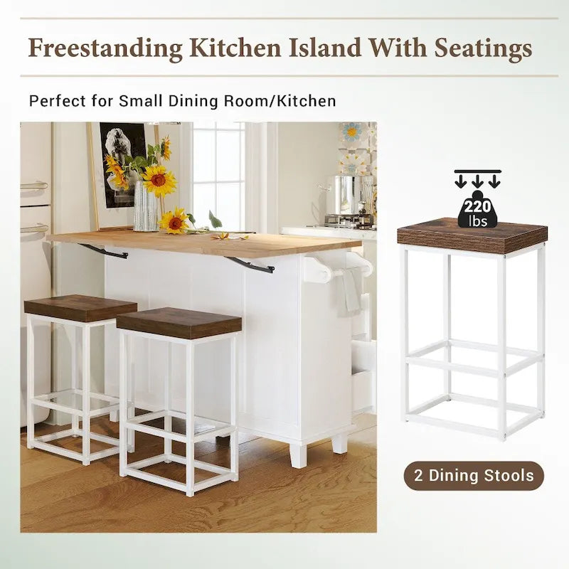 Farmhouse Kitchen Island Set with Drop Leaf Top and 2 Seatings