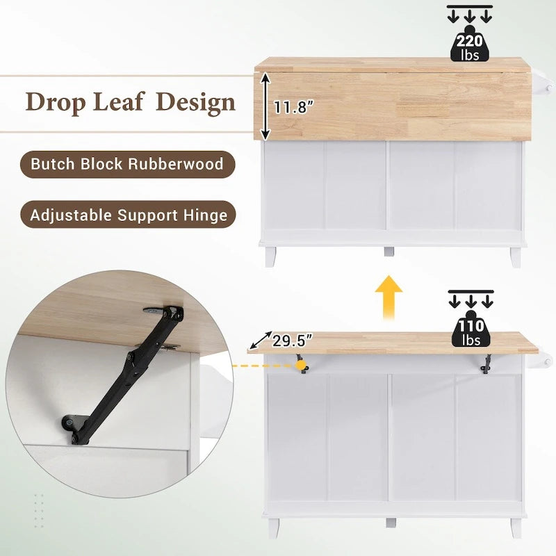 Farmhouse Kitchen Island Set with Drop Leaf Top and 2 Seatings