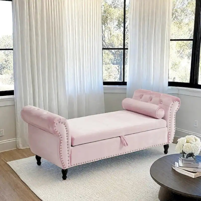 Traditional Velvet Storage Ottoman Bench with Rolled Arms, Tufted Waffle Stitch & Pillow