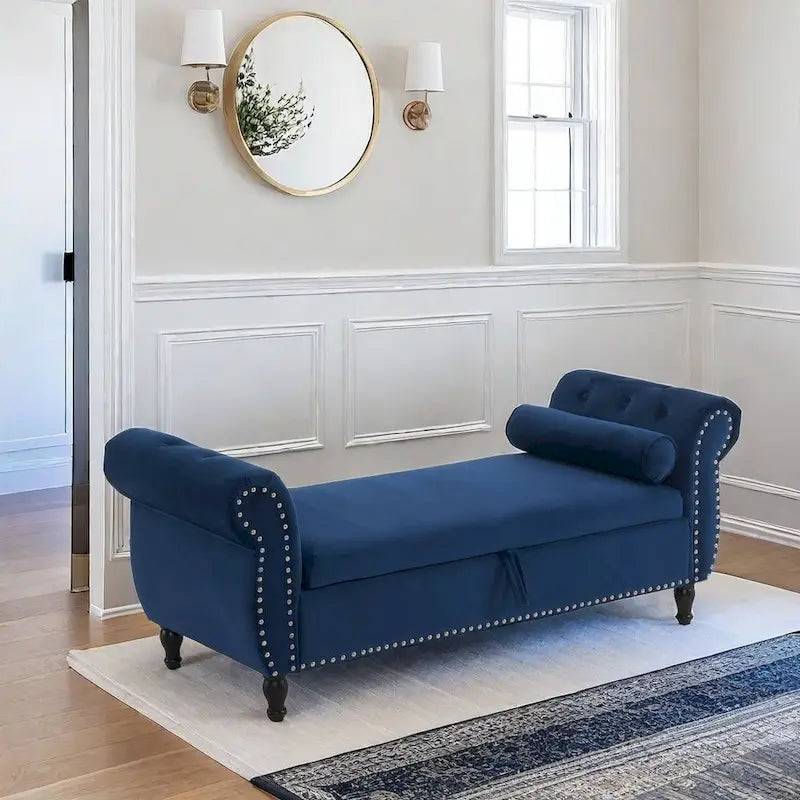 Traditional Velvet Storage Ottoman Bench with Rolled Arms, Tufted Waffle Stitch & Pillow