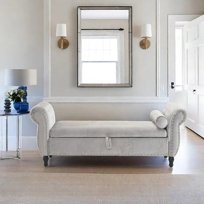 Traditional Velvet Storage Ottoman Bench with Rolled Arms, Tufted Waffle Stitch & Pillow