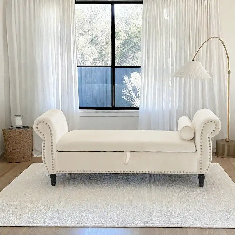 Traditional Velvet Storage Ottoman Bench with Rolled Arms, Tufted Waffle Stitch & Pillow