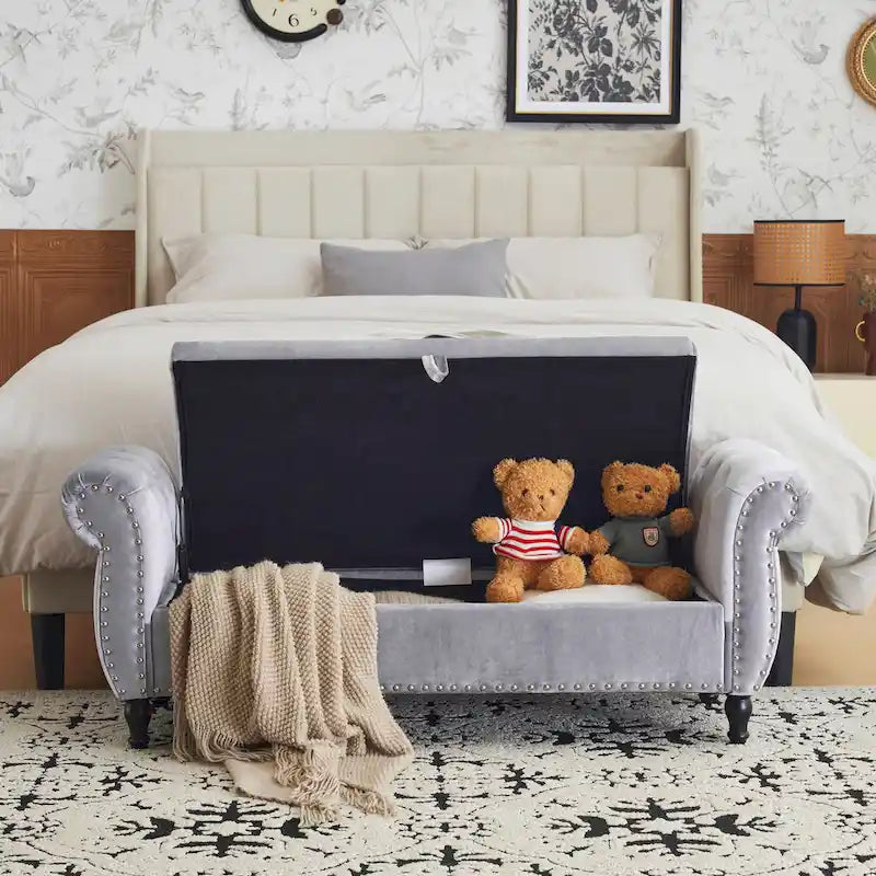 Traditional Velvet Storage Ottoman Bench with Rolled Arms, Tufted Waffle Stitch & Pillow