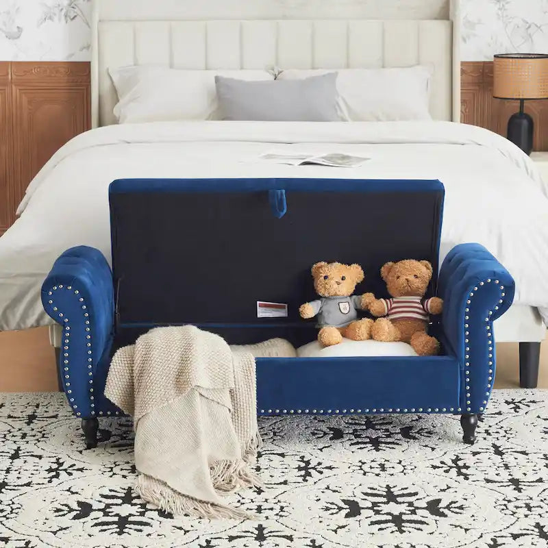 Traditional Velvet Storage Ottoman Bench with Rolled Arms, Tufted Waffle Stitch & Pillow