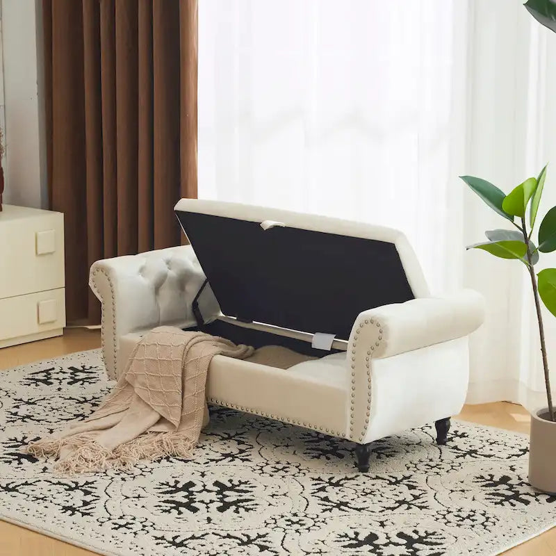 Traditional Velvet Storage Ottoman Bench with Rolled Arms, Tufted Waffle Stitch & Pillow