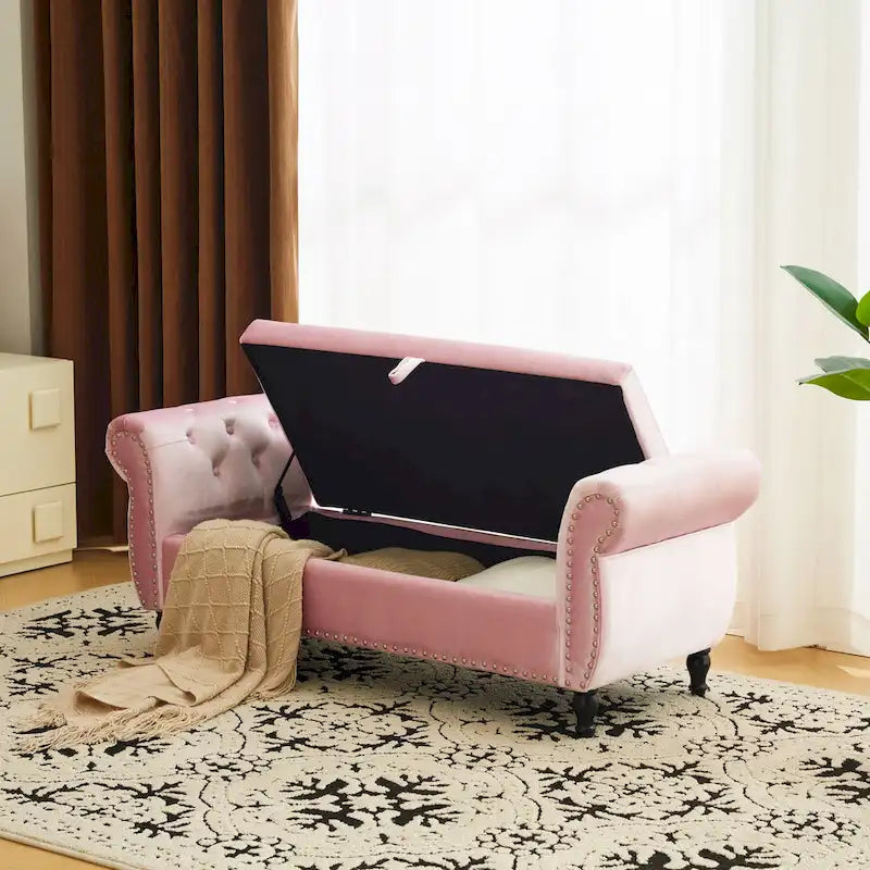 Traditional Velvet Storage Ottoman Bench with Rolled Arms, Tufted Waffle Stitch & Pillow
