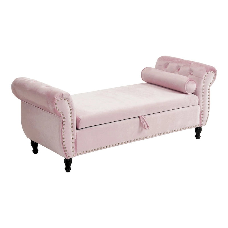 Traditional Velvet Storage Ottoman Bench with Rolled Arms, Tufted Waffle Stitch & Pillow