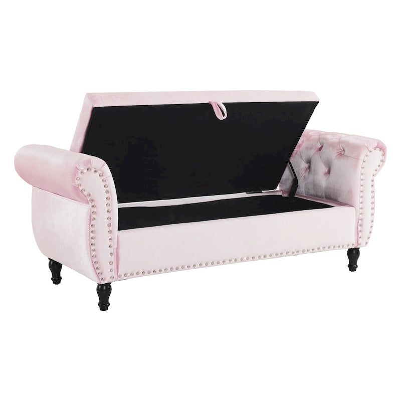 Traditional Velvet Storage Ottoman Bench with Rolled Arms, Tufted Waffle Stitch & Pillow