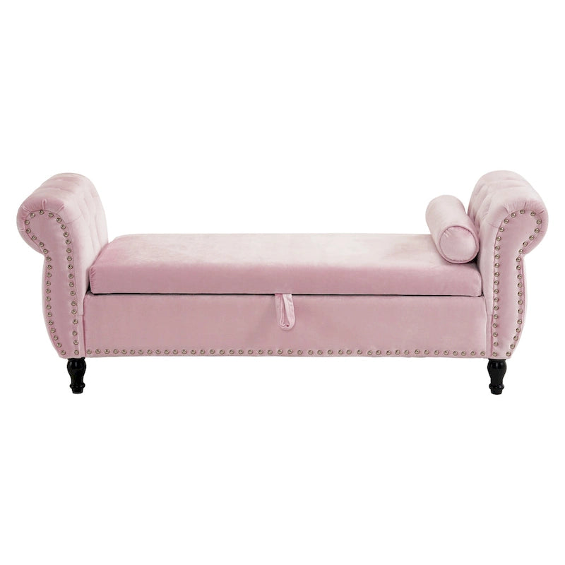 Traditional Velvet Storage Ottoman Bench with Rolled Arms, Tufted Waffle Stitch & Pillow