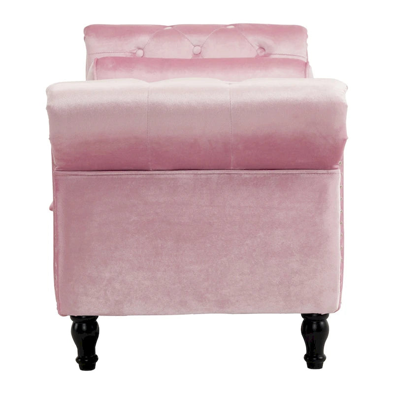 Traditional Velvet Storage Ottoman Bench with Rolled Arms, Tufted Waffle Stitch & Pillow