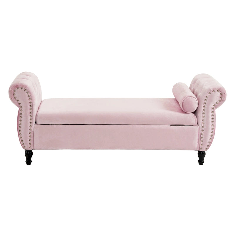 Traditional Velvet Storage Ottoman Bench with Rolled Arms, Tufted Waffle Stitch & Pillow