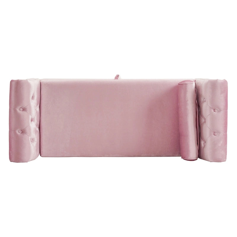 Traditional Velvet Storage Ottoman Bench with Rolled Arms, Tufted Waffle Stitch & Pillow