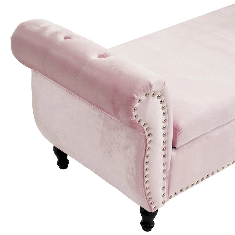 Traditional Velvet Storage Ottoman Bench with Rolled Arms, Tufted Waffle Stitch & Pillow