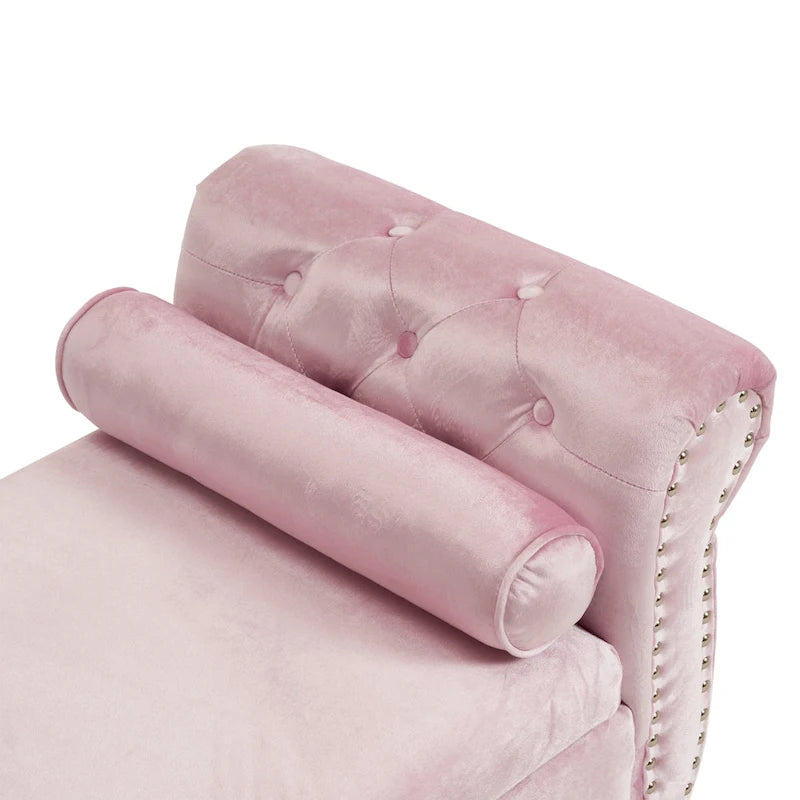 Traditional Velvet Storage Ottoman Bench with Rolled Arms, Tufted Waffle Stitch & Pillow