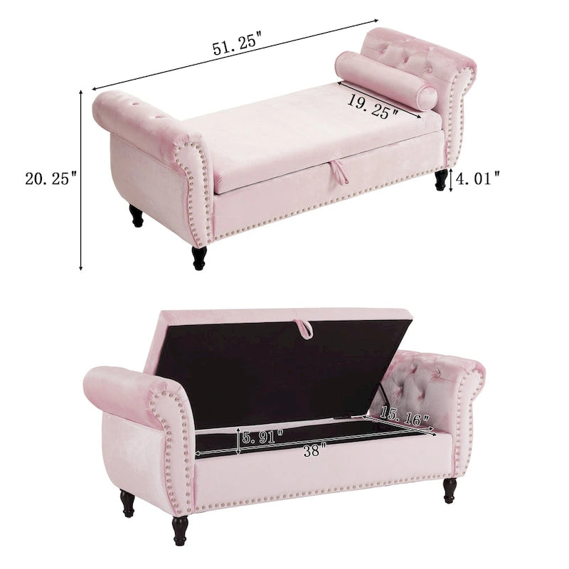 Traditional Velvet Storage Ottoman Bench with Rolled Arms, Tufted Waffle Stitch & Pillow