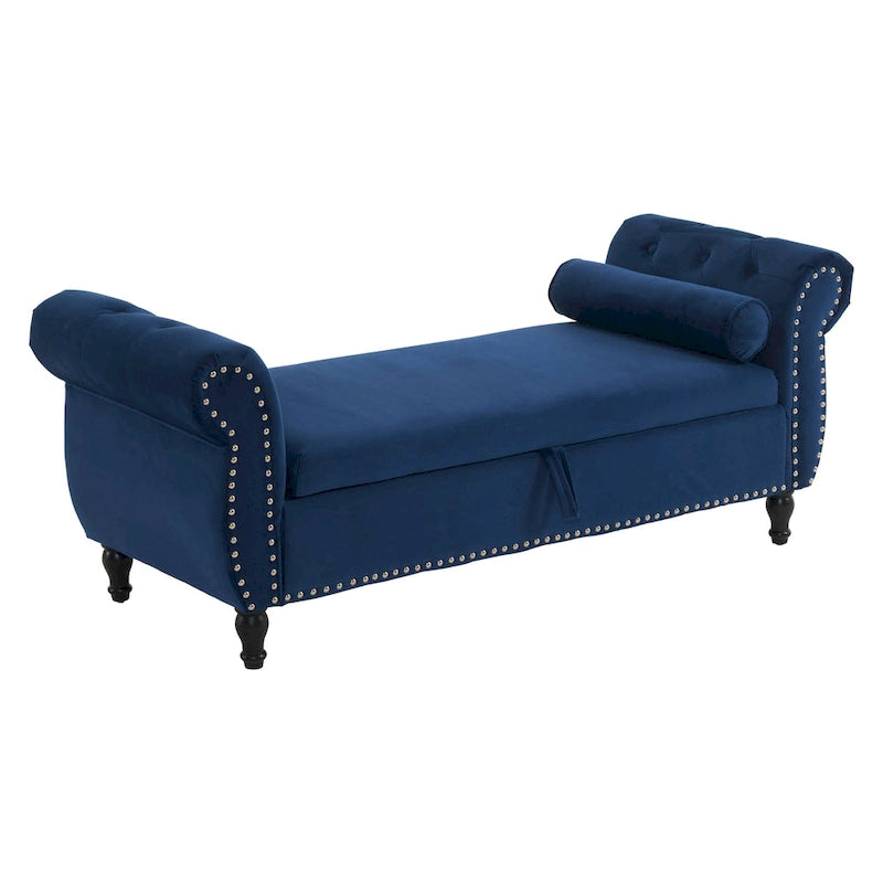 Traditional Velvet Storage Ottoman Bench with Rolled Arms, Tufted Waffle Stitch & Pillow