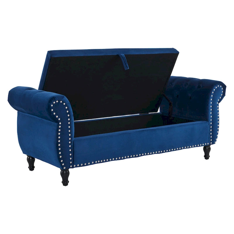 Traditional Velvet Storage Ottoman Bench with Rolled Arms, Tufted Waffle Stitch & Pillow