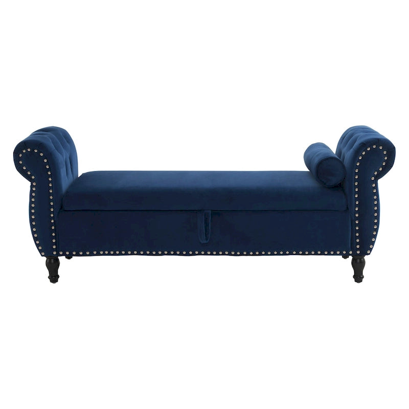 Traditional Velvet Storage Ottoman Bench with Rolled Arms, Tufted Waffle Stitch & Pillow
