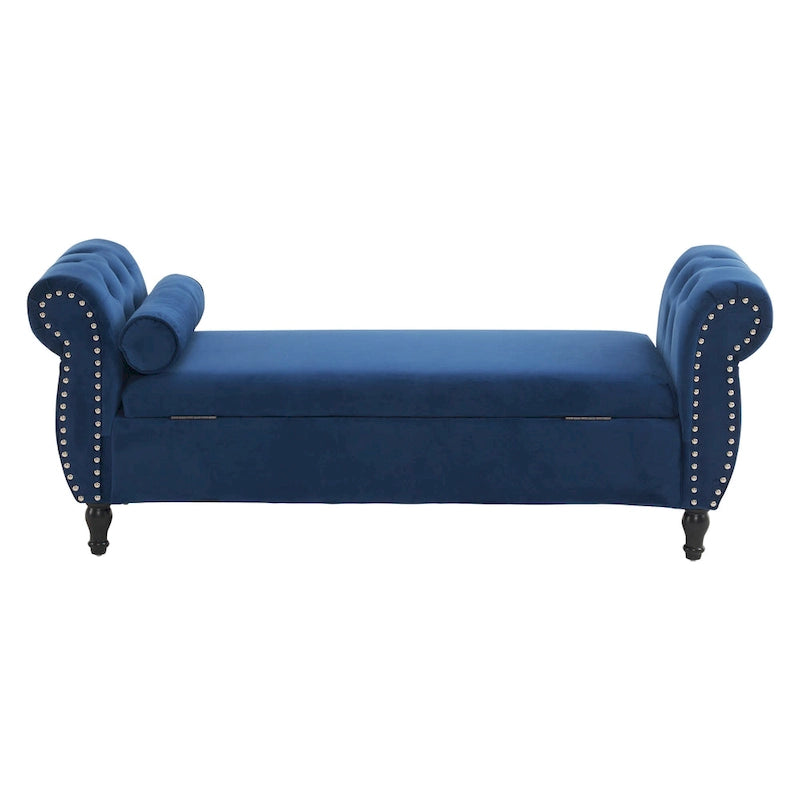 Traditional Velvet Storage Ottoman Bench with Rolled Arms, Tufted Waffle Stitch & Pillow